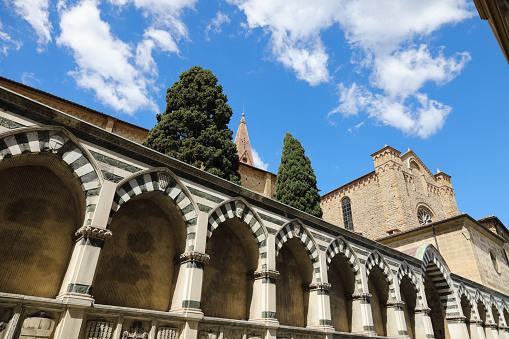 A side view of the Basilica of Santa Maria Novella shows its architectural details. Florence, Italy.