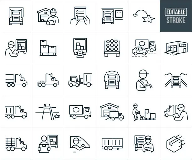 Vector illustration of Freight Trucking Thin Line Icons - Editable Stroke