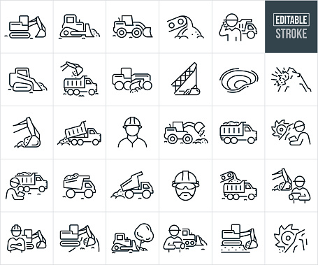 A set of construction machinery and heavy equipment icons that include editable strokes or outlines using the EPS vector file. The icons include an excavator, bulldozer pushing dirt, front loader at excavation construction site, dirt and rocks being moved by conveyor belt, construction worker talking on phone with dump truck in background, skid loader excavation construction site, excavator loading dirt into dump truck for removal, road grader grading the land, pit mine, dragline equipment being used to excavate pit mine, explosives being used in excavation efforts, excavator arm with bucket full of dirt, dump truck unloading dirt, construction worker wearing a hard hat, dump truck full of dirt, heavy machinery being used to excavate the land, excavating efforts to clear land for road construction and other related icons.
