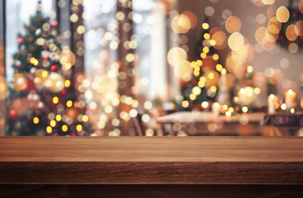 istock Wooden table or surface with blurred background of New Year's or Christmas interior 1833023143