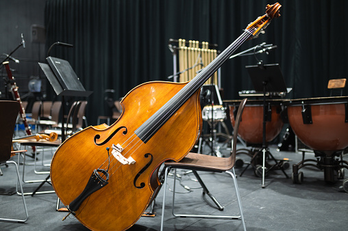 Close up of contrabass on stage, bokeh background