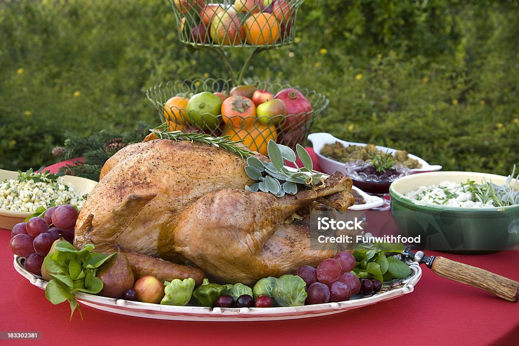 Natale & ringraziamento tavolo da pranzo, arrosto di tacchino cena a Buffet cibo vacanza - Foto stock royalty-free di Ambientazione esterna