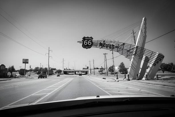 Route 66 sign in Tulsa, Oklahoma in black and white
