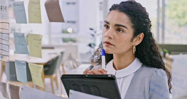 istock Woman, tablet and glass board with sticky notes for brainstorming, thinking and project management in office. Young person, planning and idea with tech for scrum with creative strategy in workplace 1833026828