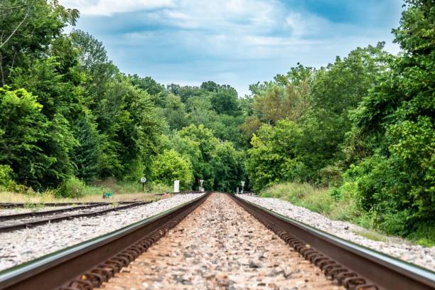istock Train tracks in Hardy, Arkansas, USA through a forest, with trees dotted on either side 1833026829