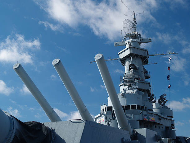 USS Alabama detail "Sixteen-inch gun turret and superstructure of the battleship USS Alabama (BB-60), a museum and National Historic Landmark in Mobile, Alabama.More images of the USS Alabama from my portfolio:" us navy stock pictures, royalty-free photos & images