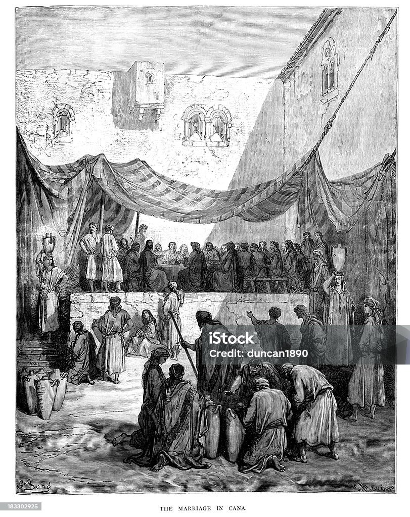 The Marriage in Cana Vintage engraving from the 1870 of a scene from the New Testament by Gustave Dore showing Jesus at The Marriage in Cana Israel stock illustration
