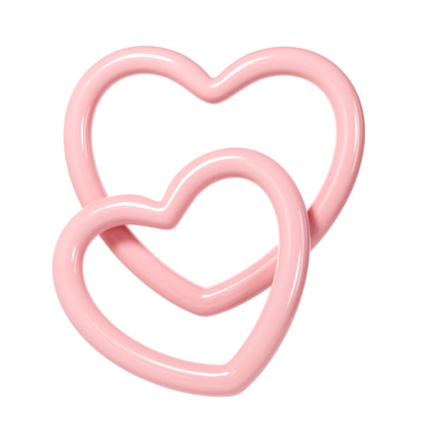 흰색 배경에 3d 두 개의 분홍색 광택 심장 사랑 프레임. 발렌타인 데이, 어머니의 날, 여성의 날, 결혼식, 스티커, 인사말 카드에 적합합니다. 2월 14일 - valentines day two dimensional shape heart shape love 뉴스 사진 이미지