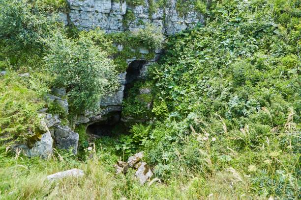 istock Cave or grotto, view from the outside. Mountainous terrain. Rocks and vegetation. 1833039569