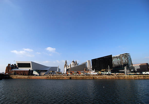Aerial view of liverpool including three graces, England