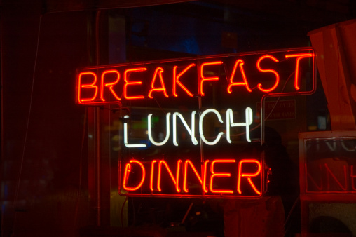 Brightly lit neon sign at a 24 hour diner.Click below to view my growing collection of sign images: