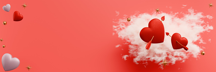 Valentine's Day banner. Hearts in a cloud. 3D rendering