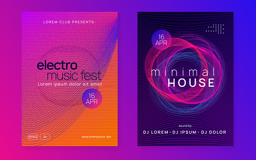 Music flyer. Trendy concert banner set. Dynamic fluid shape and line. Neon music flyer. Electro dance dj. Electronic sound fest. Techno trance party. Club event poster.