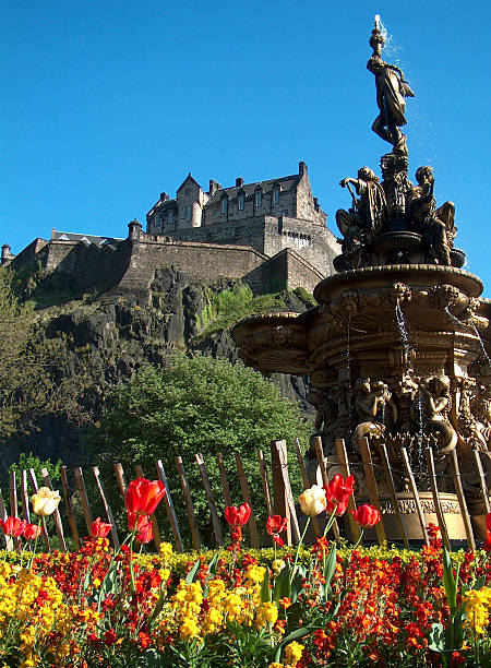 Edinburgh Castle from the gardens "Edinburgh Castle rising out of the princes gardens with sunshineSee more of my Edinburgh, Scotland photos:" royal mile stock pictures, royalty-free photos & images
