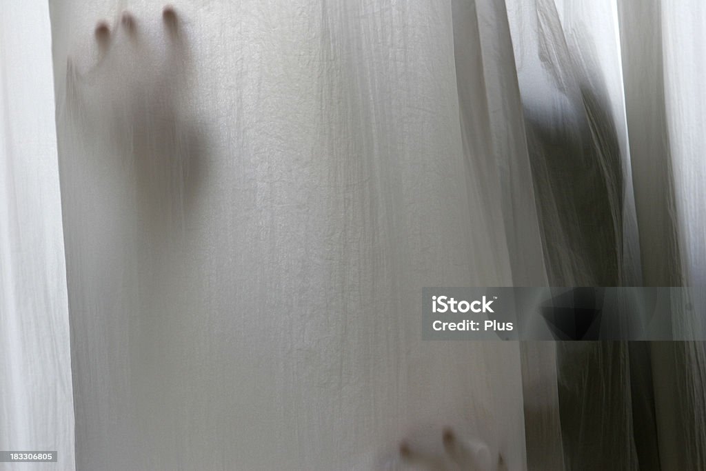 Child behind white curtain 2 For a background Space for text Chiffon Stock Photo