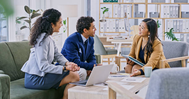 istock Interview, discussion and business people with creative idea in office with b2b stats, laptop and collaboration. Advice, man and women at startup with documents, computer and consulting in meeting. 1833072233