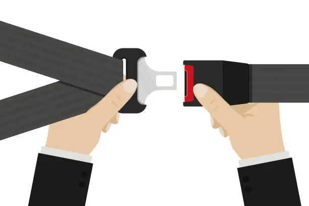 Vector illustration of Passenger hands holding seat belt. Caucasian driver fastens the seat belt. Close view. Fasten your seatbelt, warning banner. Poster with rule of safety traffic for driver.