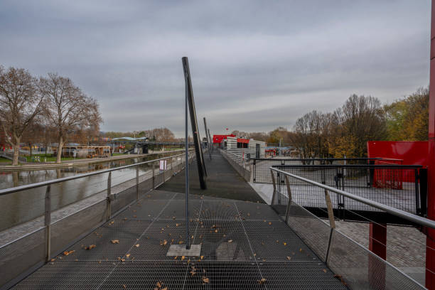 Paris, France - 11 26 2023: La Villette Park. Modern Building facade along the Canal de L'Ourcq