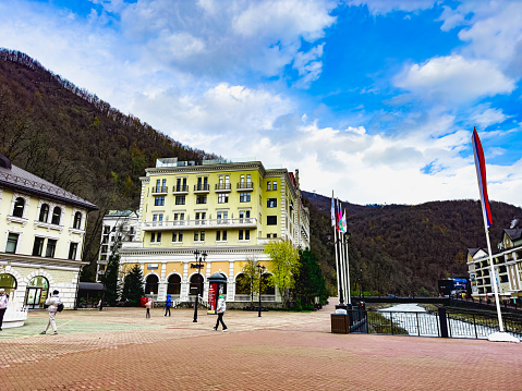 Russia, Sochi, December 1, 2023: Rosa Khutor ski resort, Krasnaya Polyana, European architecture