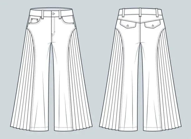 Vector illustration of Wide Leg Pants technical fashion illustration. Culottes Skirt Pants fashion flat technical drawing template, pleated, zipper, pockets, front and back view, white, women, men, unisex Pants CAD mockup.