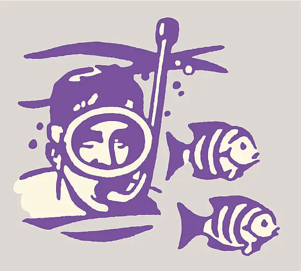 Vector illustration of Man Snorkeling Among Fish