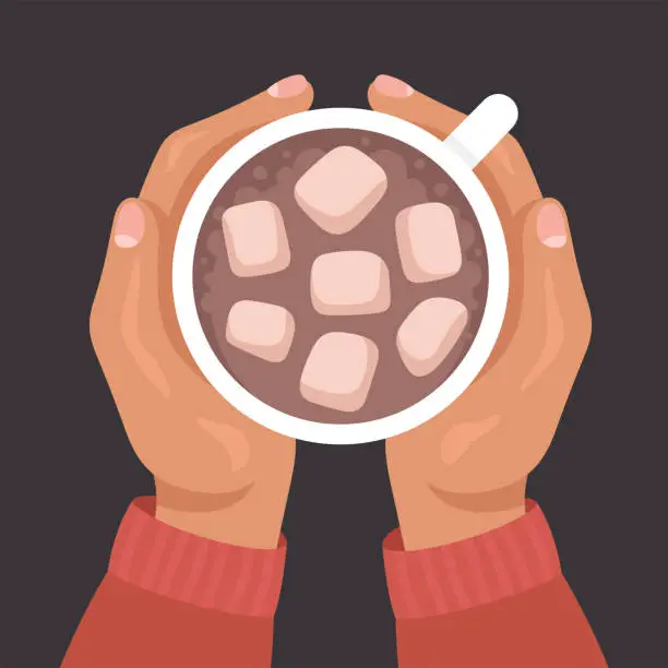 Vector illustration of Hands holding cup of hot chocolate with marshmallows