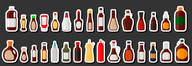 illustration großer bausatz verschiedene glasflaschen gefüllt flüssige soße teriyaki - vinegar bottle balsamic vinegar cruet stock-grafiken, -clipart, -cartoons und -symbole