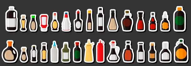 Vector illustration of Illustration on theme big kit varied glass bottles filled liquid sauce unagi