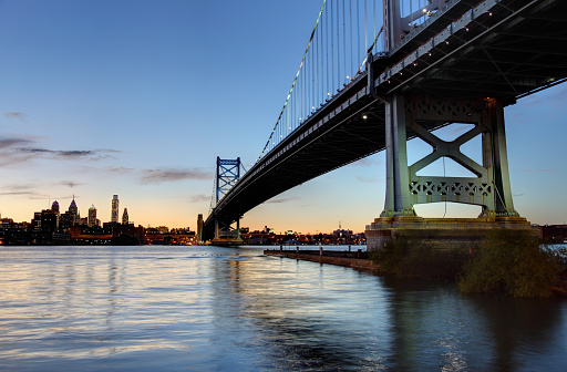 Philadelphia skyline as seen from across the Delaware river at dusk.  On the right the Ben Franklin Bridge  a suspension bridge across the Delaware River connects Philadelphia and Camden, New Jersey. Philadelphia is the largest city in the Commonwealth of Pennsylvania and the fifth-most-populous city in the United States