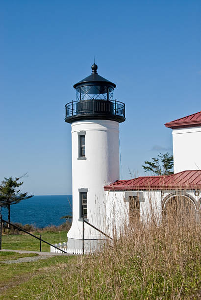 Admiralty Head Lighthouse With the advent of radar, GPS and other advanced navigation tools, lighthouses no longer need to perform the same function they once did; guiding ships to safety. Instead, they have been preserved as historic monuments; reminding us of a time when shipping and sailing were more perilous activities. The Admiralty Head Lighthouse is located at Fort Casey State Park on Whidbey Island, Washington State, USA. jeff goulden pacific ocean stock pictures, royalty-free photos & images