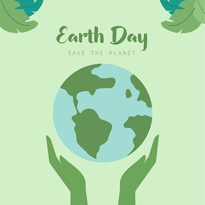 Happy earth day. Green hands hold the earth and globes. Hands protect the earth. Earth Day. Vector illustration in flat style.