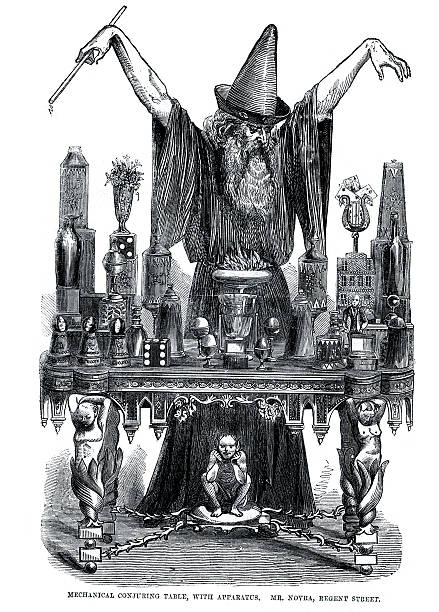 Wizard at his Conjuring Table Vintage engraving from 1862 of a Wizard at his Conjuring Table merlin the wizard stock illustrations
