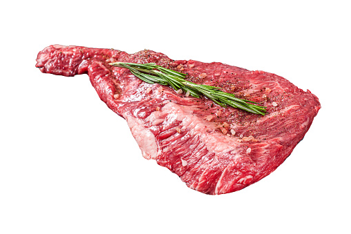 Seasoned raw tri-tip beef meat steak on plate.  Isolated, white background