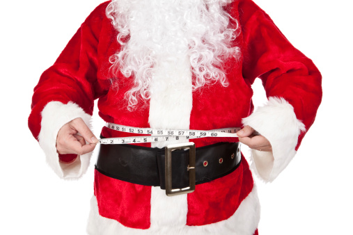 A close up of a measuring tape around Santa's big belly.