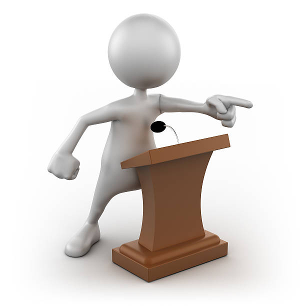 istock 3d Man at the podium pointing, giving speech, isolated/clipping path 183314562