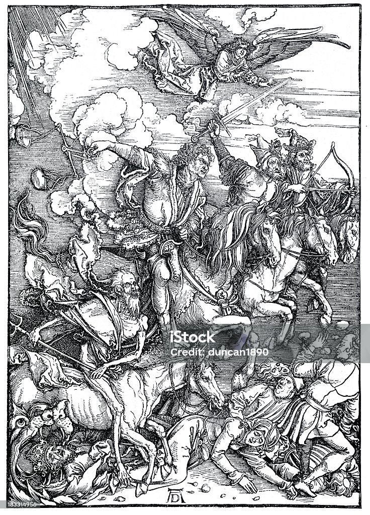 Four Riders of the Apocalypse "Vintage engraving by Albert Durer 1498 showing the Four Riders of the Apocalypse from the Book of Revelation. The Four Horsemen of the Apocalypse are beasts that ride on white, red, black, and pale horses which each symbolize Conquest, War, Famine, and Death, respectively." Four Horsemen of the Apocalypse stock illustration