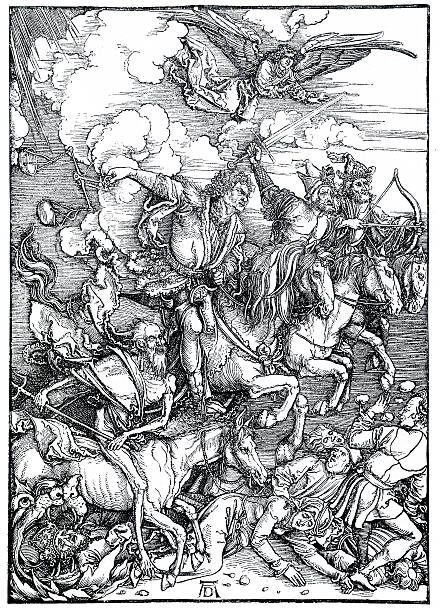 Four Riders of the Apocalypse "Vintage engraving by Albert Durer 1498 showing the Four Riders of the Apocalypse from the Book of Revelation. The Four Horsemen of the Apocalypse are beasts that ride on white, red, black, and pale horses which each symbolize Conquest, War, Famine, and Death, respectively." bible emergency numbers stock illustrations