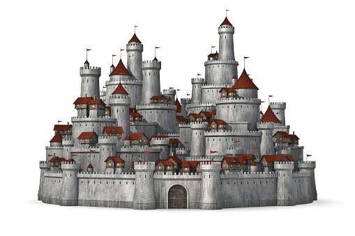 Large castle isolated on white.Could be a useful element in a fantasy design. This is a detailed 3d rendering.