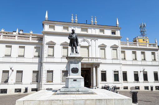 Padova, Veneto, Italy - Jun 22nd, 2023: View of Piazza Cavour and statue of Camillo Benso, Conte di Cavour in Padua city center