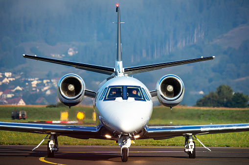 Zeltweg, Austria - September 3, 2022: Business jet passenger plane at airport. Corporate flight travel. Aviation and aircraft. Vip transport. Company and corporation transportation. Fly and flying.