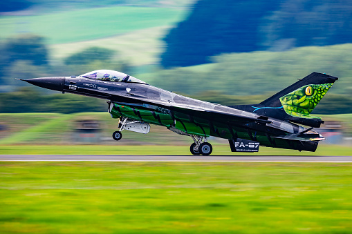 Zeltweg, Austria - September 3, 2022: Belgian Air Force Lockheed Martin F-16 Fighting Falcon. Military fighter jet plane at air base. Aviation and aircraft. Air defense. Fly and flying.
