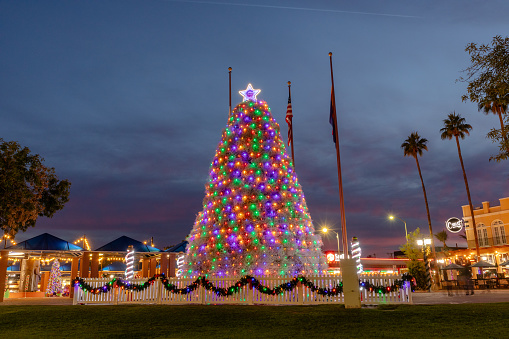 Chandler, AZ, USA, 12-4-23. Distant view of historic Tumbleweed Christmas tree. Traditional tree in town square.