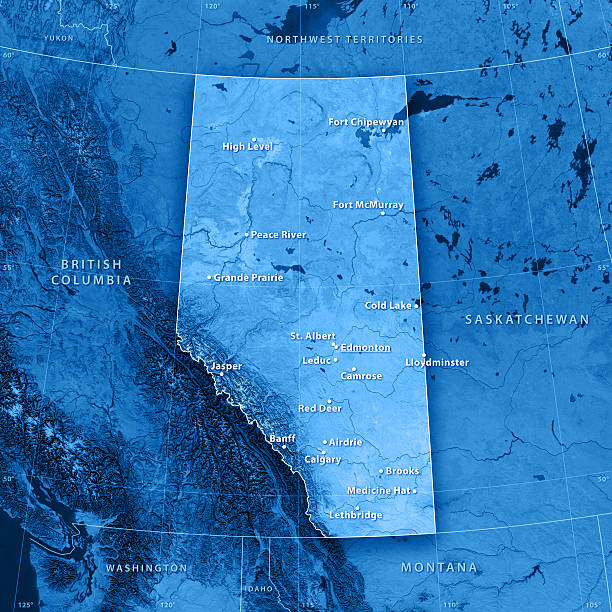 Alberta Cities Topographic Map "3D render and image composing: Topographic Map of Alberta, Canada. Including state borders, cities, rivers and accurate longitude/latitude lines. Very high resolution available! High quality relief structure!Relief texture and satellite images courtesy of NASA. Further data source courtesy of CIA World Data Bank II database.Related images:" lethbridge alberta stock pictures, royalty-free photos & images