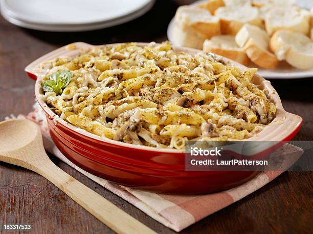 Creamy Baked Pesto Chicken Mushroom And Penne Casserole Stock Photo - Download Image Now