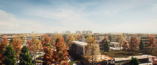 Digitally generated high angle view of Pripyat (Russian/Ukrainian: При́пять, Prýp'jat́), which used to be a town built for engineers working at the Chornobyl NPP.The scene was created in Autodesk® 3ds Max 2024 with V-Ray 6 and rendered with photorealistic shaders and lighting in Chaos® Vantage with some post-production added.