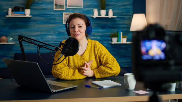 istock Blogger speaking about life during podcast in home studio 1833195118