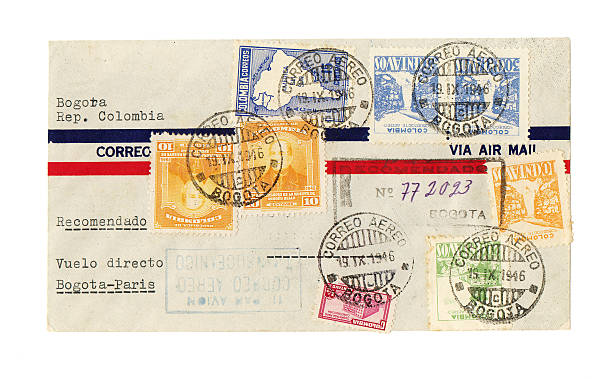 Vintage air mail envelope Colombia to Paris multiple Bogota postmarks