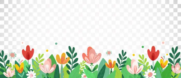 Vector illustration of Summer or spring background with colorful green leaves and flowers. Spring flat template Cartoon Easter vector illustration