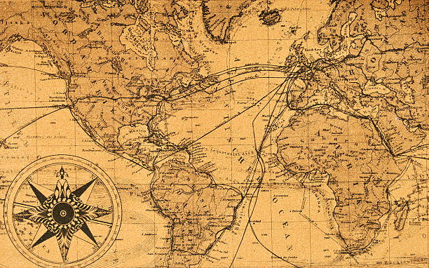 old map of the world old genuine map of the world with compass history stock pictures, royalty-free photos & images