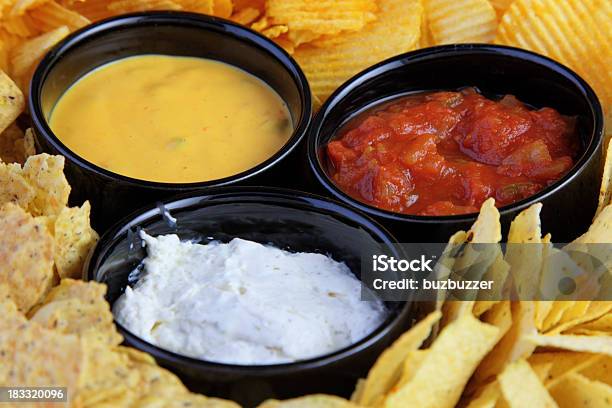 Chips And Sauces Stock Photo - Download Image Now - Cheese, Nacho Chip, Dipping Sauce